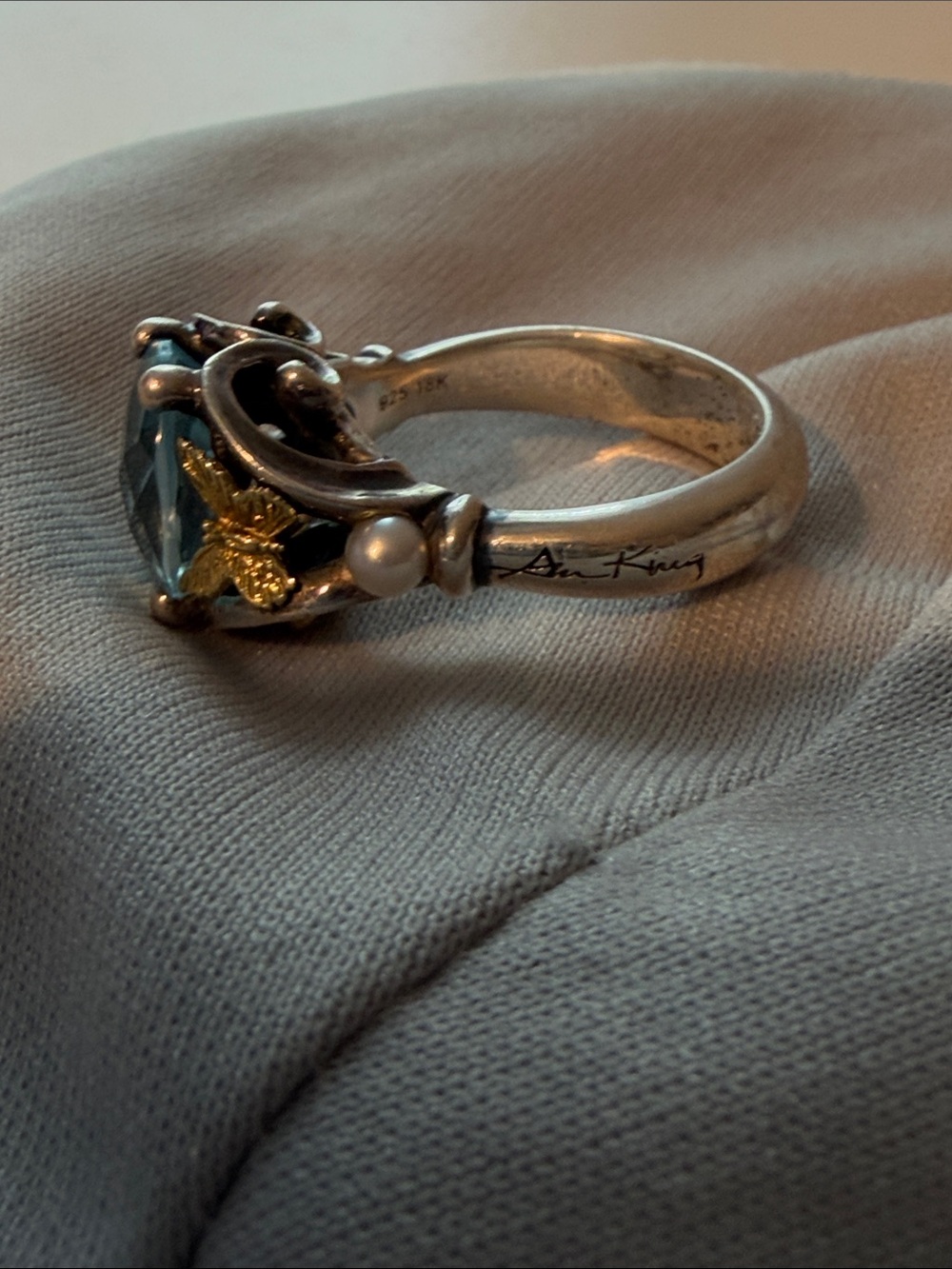 Blue Topaz-Style Silver Ring with Gold Leaf Accents - Picture 3 of 4
